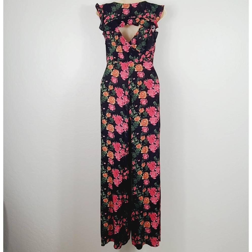 Plenty By Tracy Reese Floral Jumpsuit XS Black Red Flowers Sleeveless Wide-Leg - Picture 3 of 6